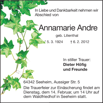 Traueranzeige von Annamarie Andre von Echo-Zeitungen (Gesamtausgabe)