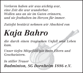 Traueranzeige von Kaja Bahro von Rüsselsheimer Echo, Groß-Gerauer-Echo, Ried Echo
