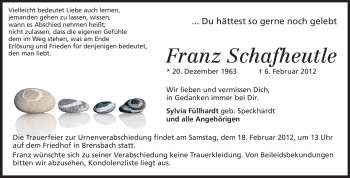 Traueranzeige von Franz Schafheutle von Echo-Zeitungen (Gesamtausgabe)