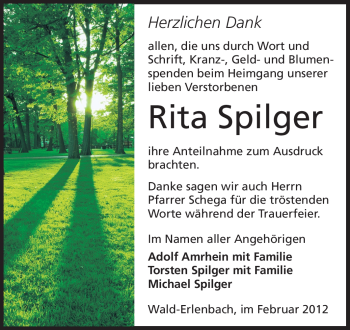 Traueranzeige von Rita Spilger von Starkenburger Echo, Bergsträßer Anzeiger