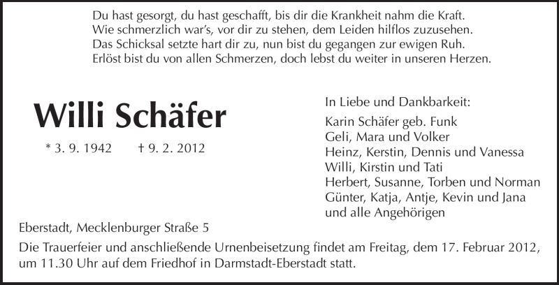  Traueranzeige für Willi Schäfer vom 11.02.2012 aus Darmstädter Echo, Odenwälder Echo, Rüsselsheimer Echo, Groß-Gerauer-Echo, Ried Echo