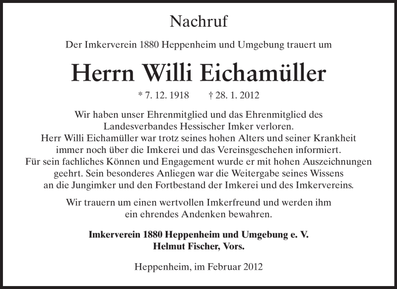  Traueranzeige für Willi Eichamüller vom 11.02.2012 aus Starkenburger Echo