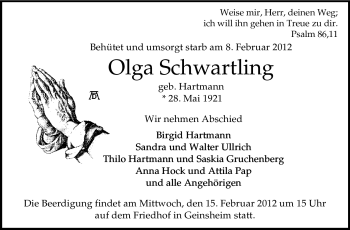 Traueranzeige von Olga Schwartling von Rüsselsheimer Echo, Groß-Gerauer-Echo, Ried Echo