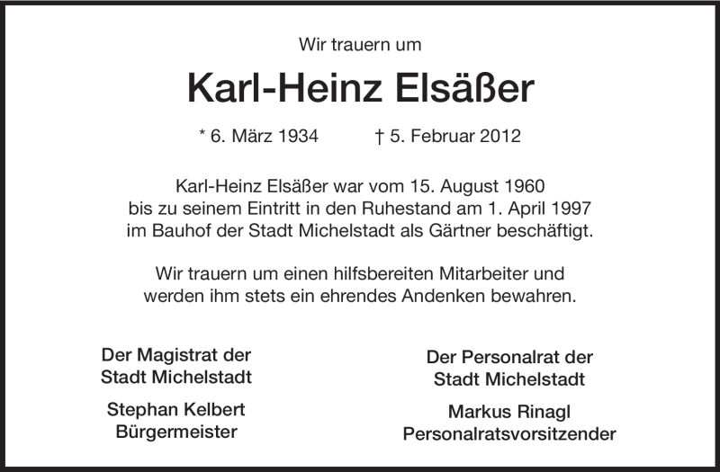  Traueranzeige für Karl-Heinz Elsäßer vom 11.02.2012 aus Odenwälder Echo