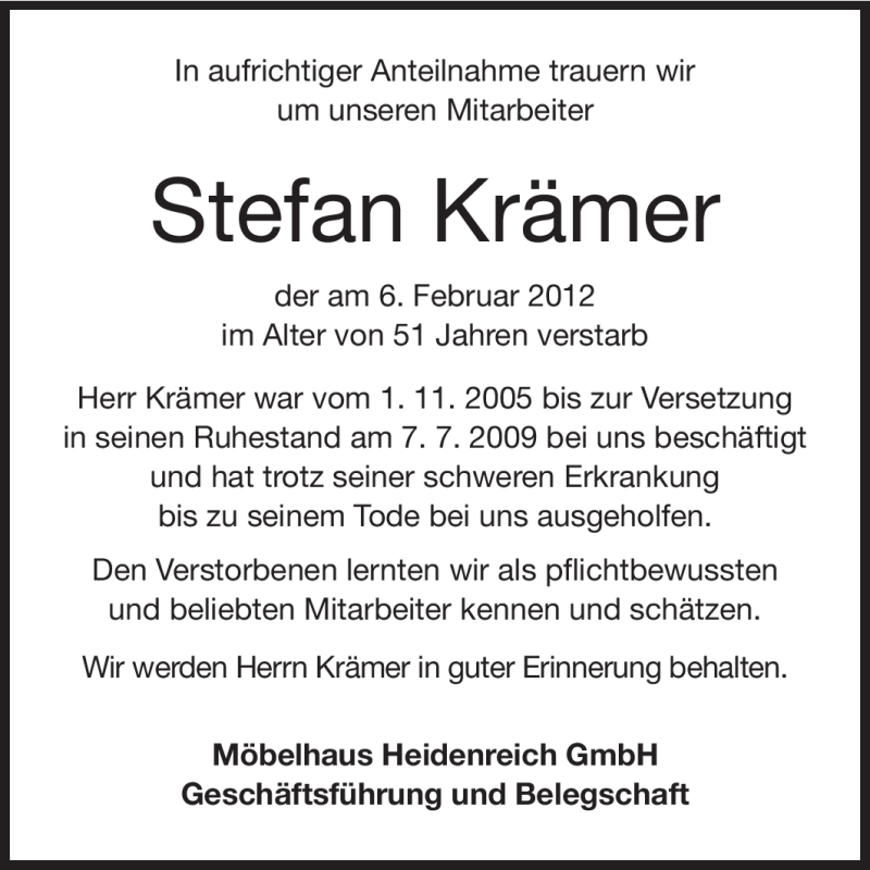  Traueranzeige für Stefan Krämer vom 13.02.2012 aus Rüsselsheimer Echo, Groß-Gerauer-Echo, Ried Echo
