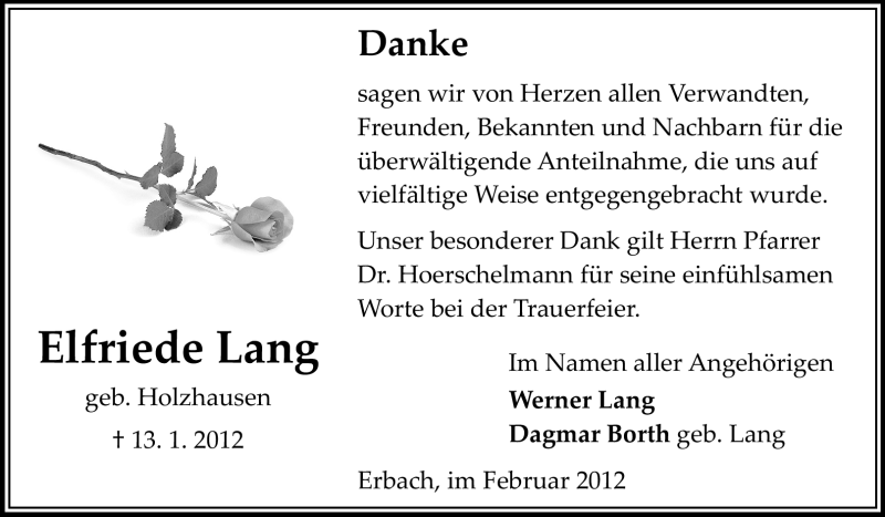  Traueranzeige für Elfriede Lang vom 11.02.2012 aus Odenwälder Echo