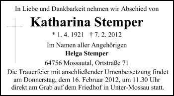 Traueranzeige von Katharina Stemper von Odenwälder Echo