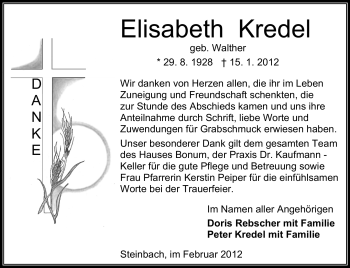Traueranzeige von Elisabeth Kredel von Odenwälder Echo
