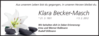 Traueranzeige von Klara Becker-Masch von Darmstädter Echo, Odenwälder Echo, Rüsselsheimer Echo, Groß-Gerauer-Echo, Ried Echo