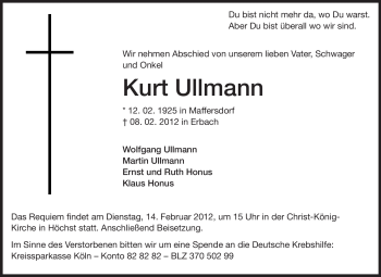 Traueranzeige von Kurt Ullmann von Odenwälder Echo