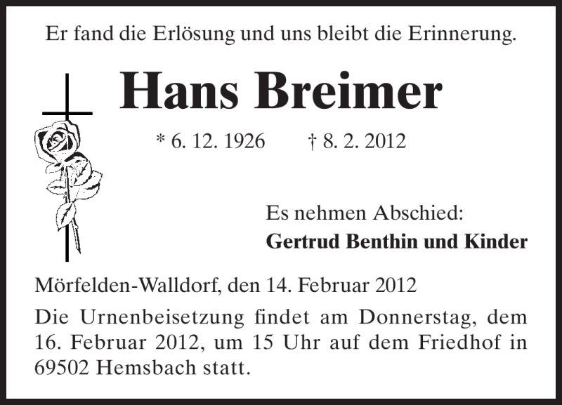  Traueranzeige für Hans Breimer vom 14.02.2012 aus Rüsselsheimer Echo, Groß-Gerauer-Echo, Ried Echo
