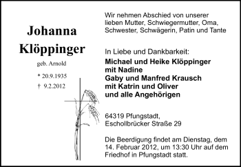 Traueranzeige von Johanna Klöppinger von Echo-Zeitungen (Gesamtausgabe)