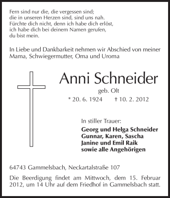 Traueranzeige von Anni Schneider von Odenwälder Echo