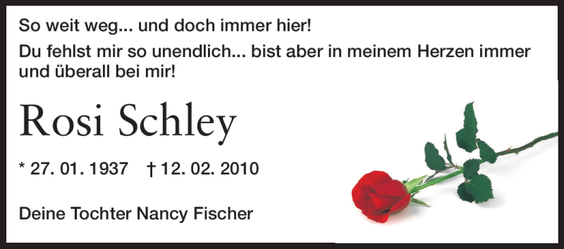  Traueranzeige für Rosi Schley vom 13.02.2012 aus Rüsselsheimer Echo, Groß-Gerauer-Echo, Ried Echo