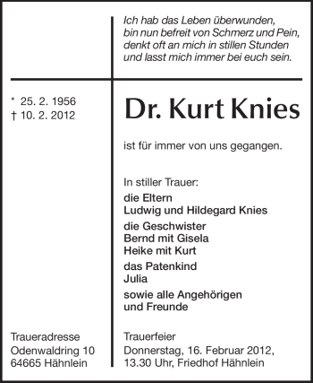 Traueranzeige von Kurt Knies von Echo-Zeitungen (Gesamtausgabe)