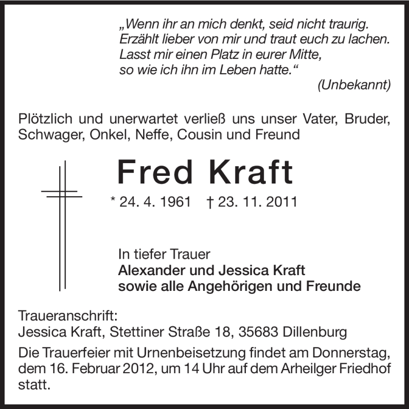  Traueranzeige für Fred Kraft vom 14.02.2012 aus Echo-Zeitungen (Gesamtausgabe)