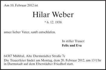 Traueranzeige von Hilar Weber von Echo-Zeitungen (Gesamtausgabe)