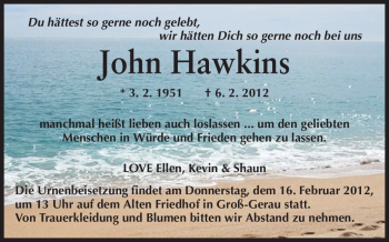 Traueranzeige von John Hawkins von Rüsselsheimer Echo, Groß-Gerauer-Echo, Ried Echo