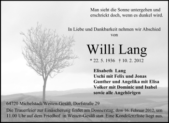Traueranzeige von Willi Lang von Odenwälder Echo