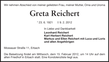 Traueranzeige von Greta Reichert von Odenwälder Echo