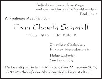 Traueranzeige von Elsbeth Schmidt von Darmstädter Echo, Odenwälder Echo, Rüsselsheimer Echo, Groß-Gerauer-Echo, Ried Echo