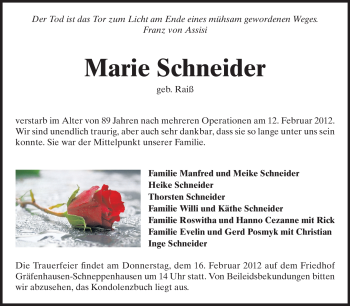 Traueranzeige von Marie Schneider von Echo-Zeitungen (Gesamtausgabe)