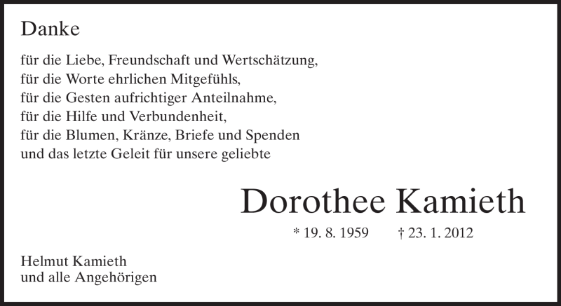  Traueranzeige für Dorothee Kamieth vom 18.02.2012 aus Echo-Zeitungen (Gesamtausgabe)