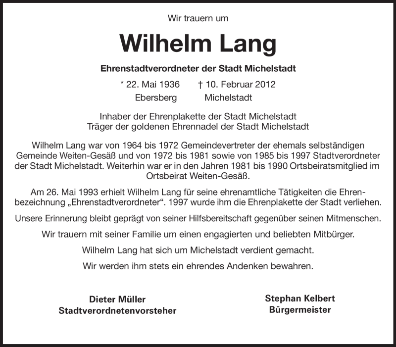  Traueranzeige für Wilhelm Lang vom 14.02.2012 aus Odenwälder Echo