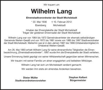 Traueranzeige von Wilhelm Lang von Odenwälder Echo