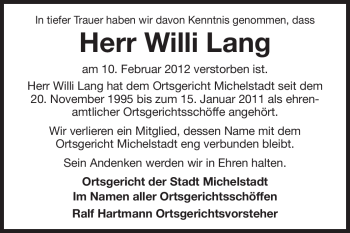 Traueranzeige von Willi Lang von Odenwälder Echo