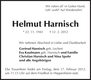 Traueranzeige von Helmut Harnisch von Starkenburger Echo