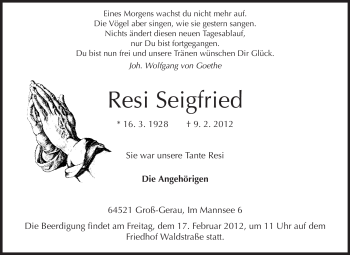Traueranzeige von Resi Seigfried von Rüsselsheimer Echo, Groß-Gerauer-Echo, Ried Echo