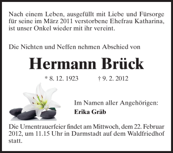 Traueranzeige von Hermann Brück von Darmstädter Echo, Odenwälder Echo, Rüsselsheimer Echo, Groß-Gerauer-Echo, Ried Echo