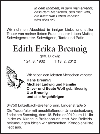 Traueranzeige von Edith Erika Breunig von Odenwälder Echo