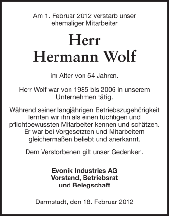 Traueranzeige von Hermann Wolf von Echo-Zeitungen (Gesamtausgabe)
