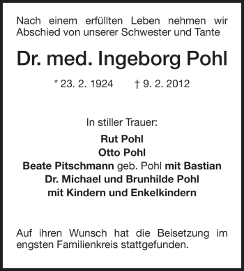 Traueranzeige von Ingeborg Pohl von Echo-Zeitungen (Gesamtausgabe)