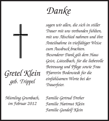 Traueranzeige von Gretel Klein von Odenwälder Echo