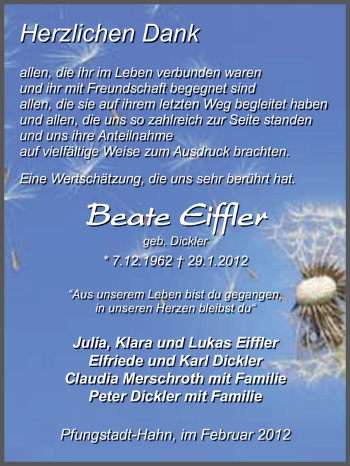 Traueranzeige von Beate Eiffler von Echo-Zeitungen (Gesamtausgabe)