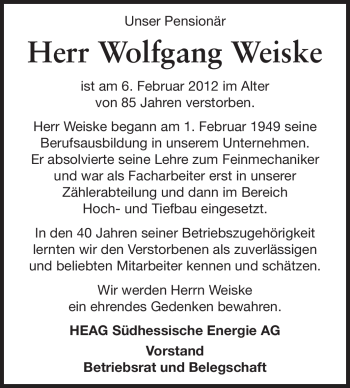 Traueranzeige von Wolfgang Weiske von Echo-Zeitungen (Gesamtausgabe)