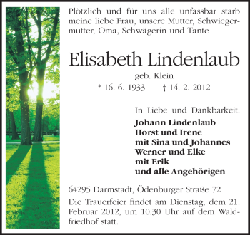 Traueranzeige von Elisabeth Lindenlaub von Darmstädter Echo, Odenwälder Echo, Rüsselsheimer Echo, Groß-Gerauer-Echo, Ried Echo