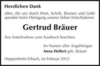 Traueranzeige von Gertrude Bräuer von Starkenburger Echo