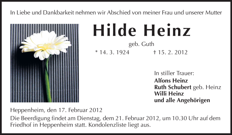  Traueranzeige für Hilde Heinz vom 17.02.2012 aus Starkenburger Echo