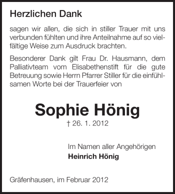 Traueranzeige von Sophie Hönig von Echo-Zeitungen (Gesamtausgabe)