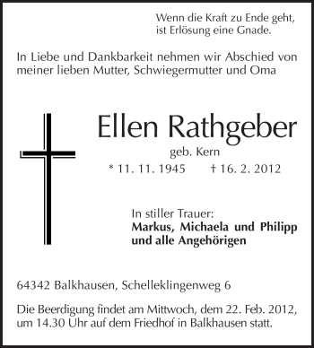 Traueranzeige von Ellen Rathgeber von Echo-Zeitungen (Gesamtausgabe)