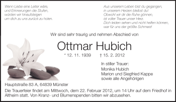 Traueranzeige von Ottmar Hubich von Echo-Zeitungen (Gesamtausgabe)