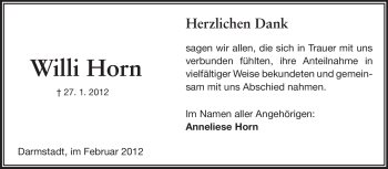 Traueranzeige von Willi Horn von Darmstädter Echo, Odenwälder Echo, Rüsselsheimer Echo, Groß-Gerauer-Echo, Ried Echo