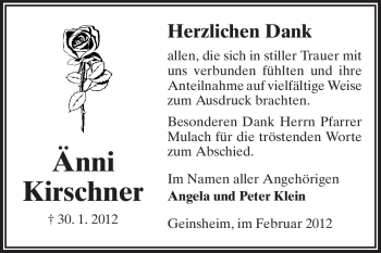 Traueranzeige von Änni Kirschner von Rüsselsheimer Echo, Groß-Gerauer-Echo, Ried Echo