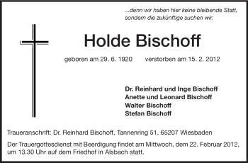 Traueranzeige von Holde Bischoff von Echo-Zeitungen (Gesamtausgabe)