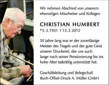 Traueranzeige von Christian Humbert von Odenwälder Echo