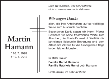 Traueranzeige von Martin Hamann von Rüsselsheimer Echo, Groß-Gerauer-Echo, Ried Echo